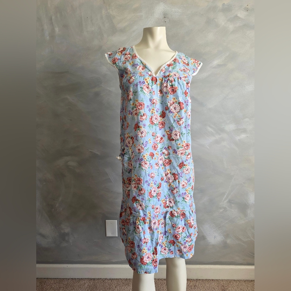 Vtg Light Blue Multicolor Floral House Patio Dress Patch Pocket V Neck Sz Large